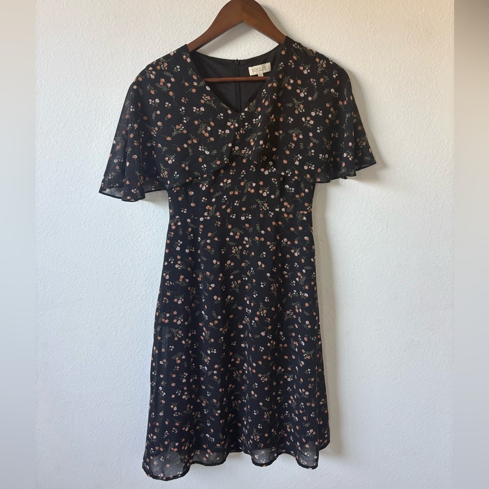 Roolee Black Midi Dress with Pink Floral Print